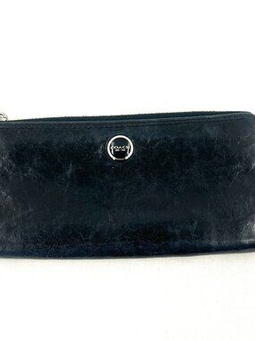 Vintage Coach Black Leather Long Wallet Striped Interior